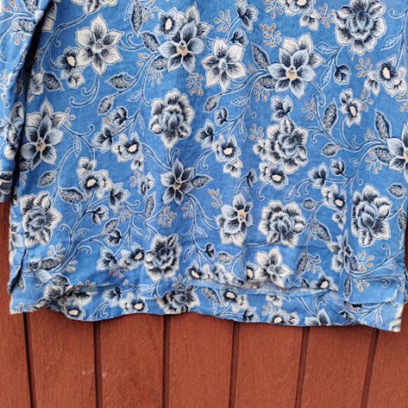 J. JILL | Love Linen Blue Floral 3/4 Sleeve Split Neck Tunic Blouse Coastal LT - Picture 9 of 14